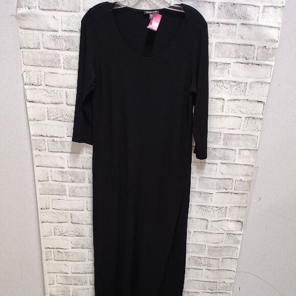 Eileen Fisher Black Sheath Dress with V-Neck and 3/4 Sleeves - Picture 1 of 3
